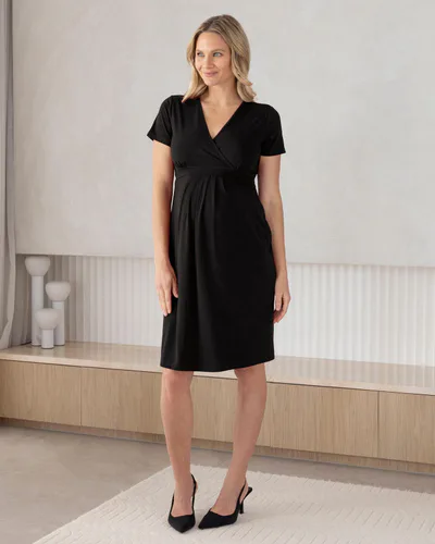 Angel Maternity Iris Maternity Crossover Neckline Tie Back Jersey Work Dress in Black