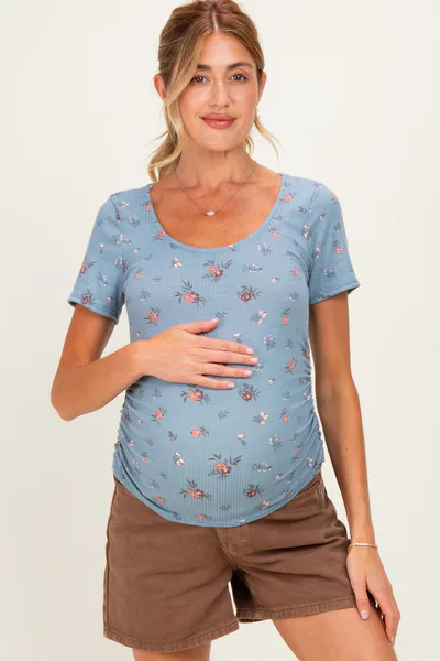 PinkBlush Blue Floral Ruching Short Sleeve Maternity Top