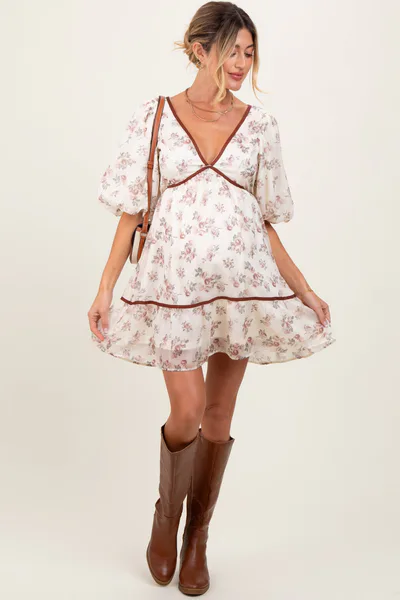 PinkBlush Cream Floral Deep V-Neck Back Cutout Maternity Dress