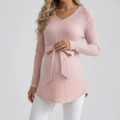 Target Anna-Kaci Women's Maternity Ribbed Knit Long Sleeve Tunic Top with V Neck Tie Waist Soft Stretch Shirt - Small, Pink