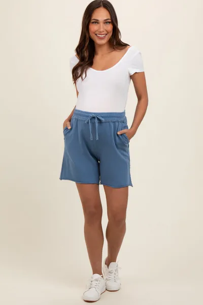 PinkBlush Blue Raw Hem Maternity Drawstring Shorts