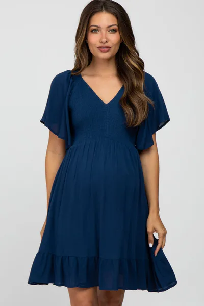 PinkBlush Navy Blue Smocked Front Ruffle Hem Maternity Dress