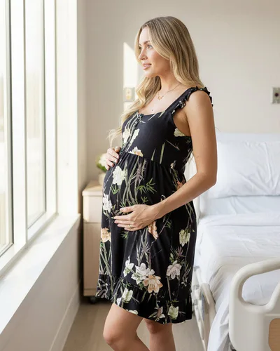 Angel Maternity Grace Hospital Birthing Gown/Nightie- Black Print