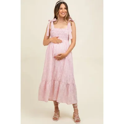 Target Pinkblush Pink Floral Smocked Shoulder Tie Maternity Midi Dress Large