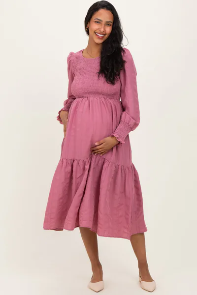 PinkBlush Mauve Textured Stripe Smocked Maternity Midi Dress