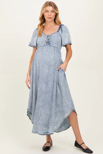 PinkBlush Light Blue Chambray Cinched Tie Bust Maternity Maxi Dress