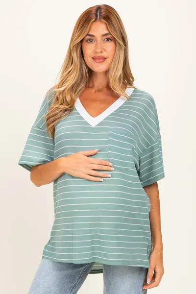 PinkBlush Mint Striped Short Sleeve V-Neck Maternity Top