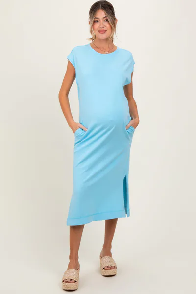 PinkBlush Aqua Casual Sleeveless Pocketed Maternity Midi Dress