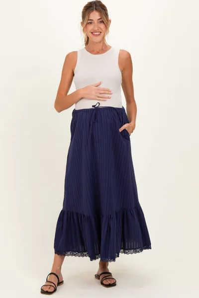 PinkBlush Navy Striped Lace Trim Maternity Midi Skirt