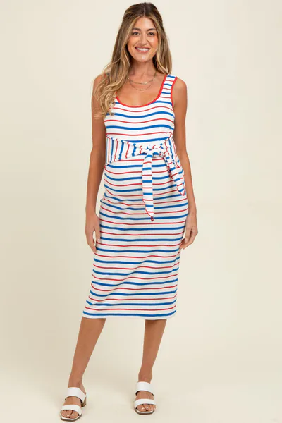 PinkBlush Blue Multi Striped Sleeveless Maternity Midi Dress