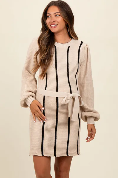 PinkBlush Cream Striped Sash Tie Maternity Sweater Dress