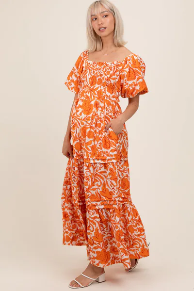 PinkBlush Orange Floral Smocked Puff Sleeve Maternity Maxi Dress