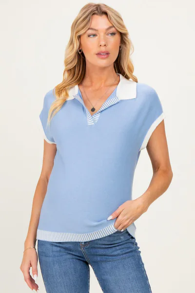 PinkBlush Light Blue Stripe Trim Maternity Collared Top