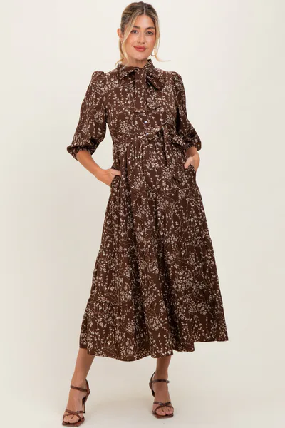 PinkBlush Brown Floral Neck Tie Maternity Midi Dress