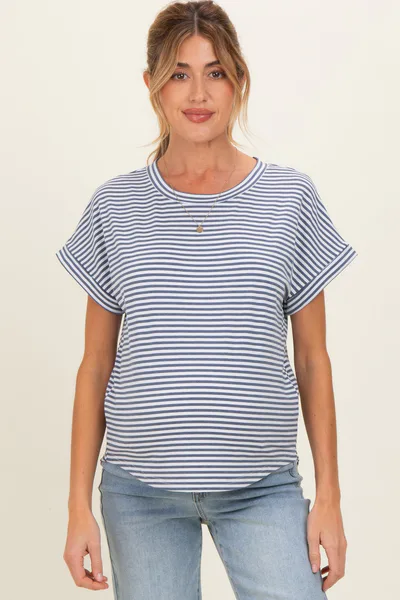 PinkBlush Denim Blue Striped Short Sleeve Maternity Top