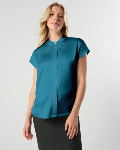 MARION Maternity MARION ReNew - Peacock Short Sleeve Satin Maternity Shell Top with Concealed Nursing Zip
