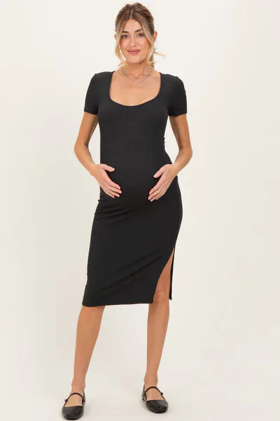 PinkBlush Charcoal Square Neck Side Slit Maternity Midi Dress