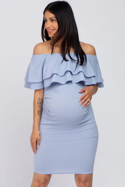 PinkBlush Light Blue Ruffle Off Shoulder Ruched Maternity Dress