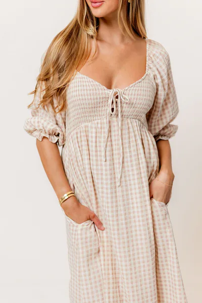 Worth Collective Cecilia 100% Cotton Smocked Maxi Dress in Rose Plaid (Lined) - Bump Friendly