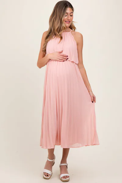 PinkBlush Pink Pleated Woven Maternity Midi Dress