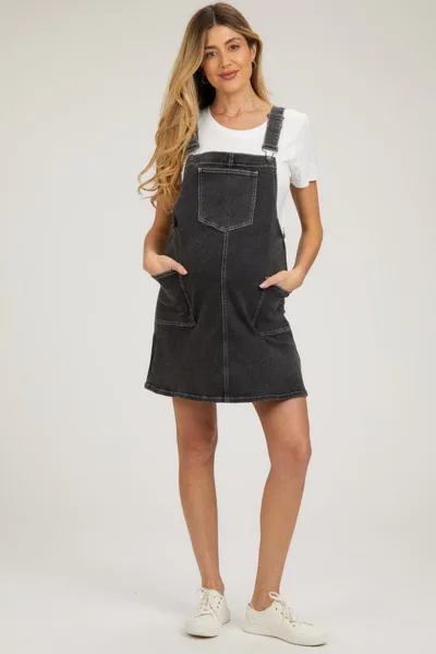 PinkBlush Black Denim Maternity Overall Dress