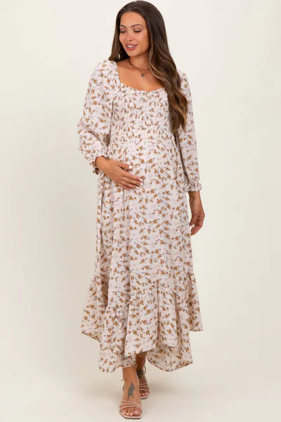 PinkBlush Ivory Floral Smocked Handkerchief Hem Maternity Maxi Dress