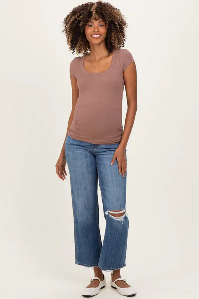 PinkBlush Mocha Ribbed Rounded Square Neck Maternity Top