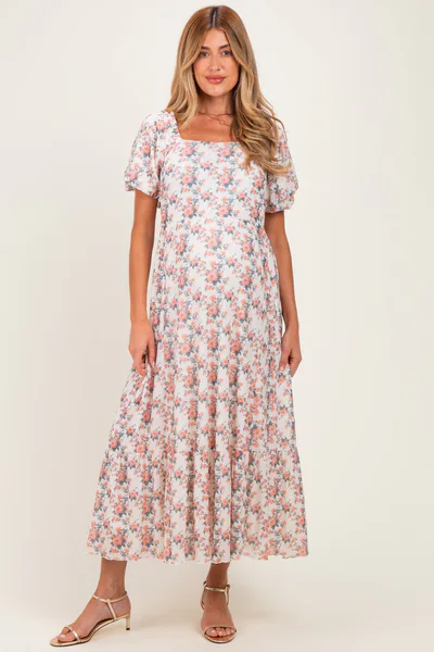 PinkBlush Cream Multi Floral Print Bubble Sleeve Maternity Midi Dress