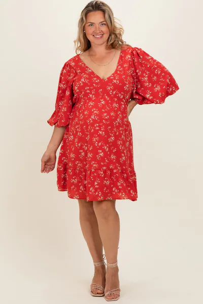 PinkBlush Red Floral Back Tie Maternity Plus Mini Dress