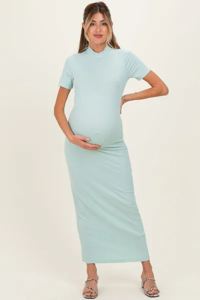 PinkBlush Mint Ribbed Mock Neck Short Sleeve Maternity Midi Dress