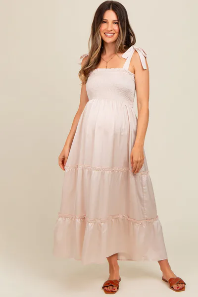 PinkBlush Beige Satin Smocked Maternity Maxi Dress