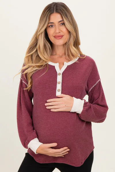 PinkBlush Burgundy Textured Rib Bubble Sleeve Maternity Henley