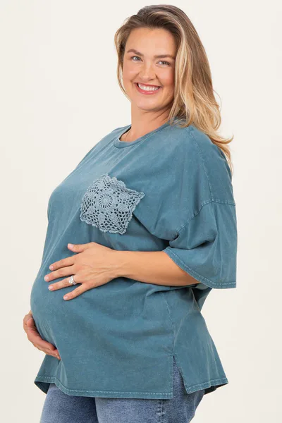 PinkBlush Deep Teal Mineral Wash Crochet Pocket Maternity Plus Top
