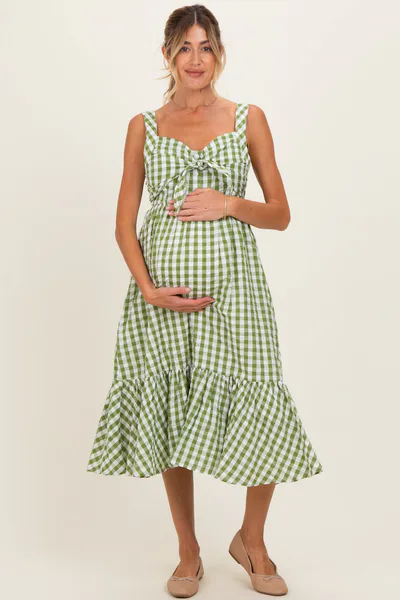 PinkBlush Green Gingham Front Tie Halter Maternity Midi Dress