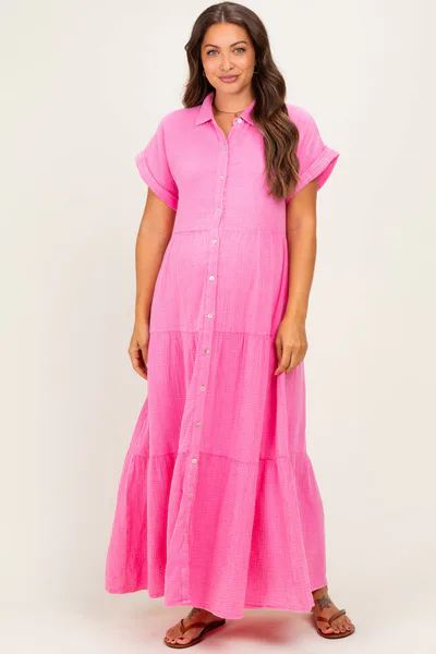 PinkBlush Bubble Gum Pink Breezy Mineral-Washed Gauze Maternity Maxi Shirt Dress
