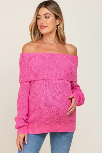PinkBlush Fuchsia Foldover Off Shoulder Maternity Sweater