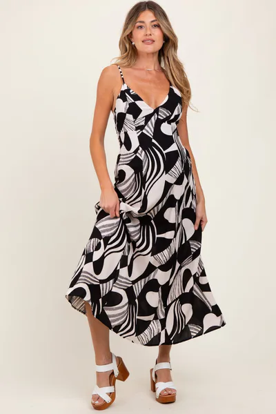 PinkBlush Black Geometric Print Sleeveless Maternity Maxi Dress