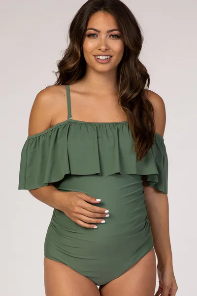 PinkBlush PinkBlush Olive Ruffle Trim Ruched One-Piece Maternity Swimsuit