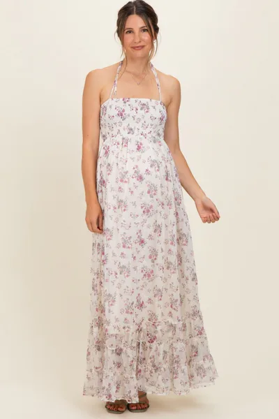 PinkBlush Ivory Floral Smocked Open Back Maternity Maxi Dress