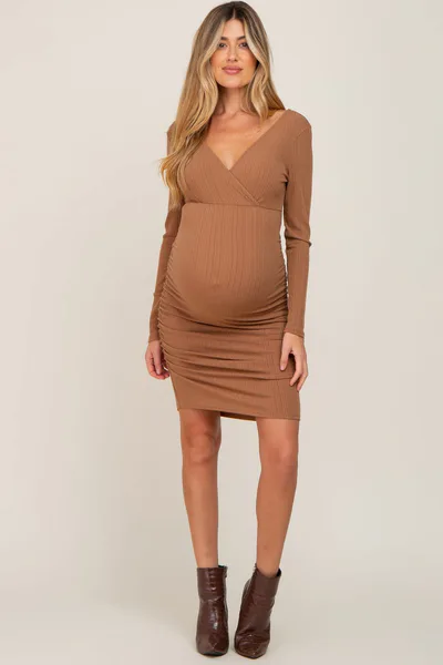 PinkBlush Mocha Ribbed Knit Ruched Wrap Fitted Maternity Dress