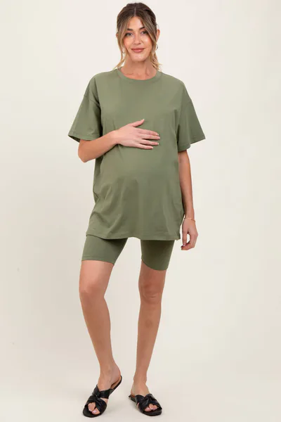 PinkBlush Light Olive Biker Shorts Maternity Set