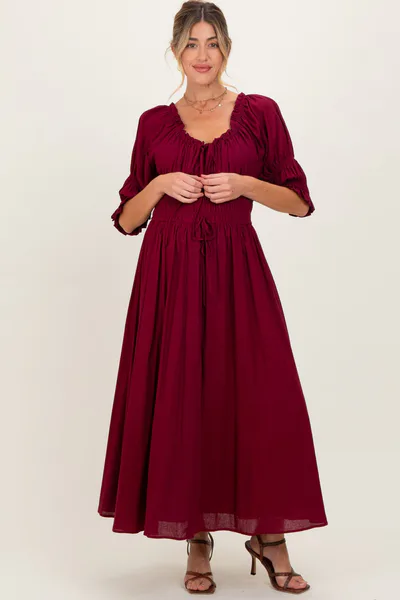 PinkBlush Burgundy Smocked Ruffle Square Neck Maternity Midi Dress
