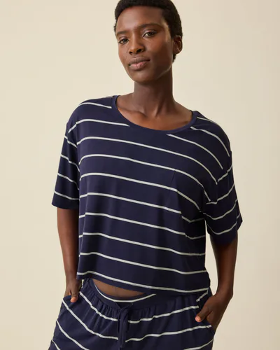 Kindred Bravely Aria Bamboo Casual Cropped Short Sleeve Top | Navy & White Stripe
