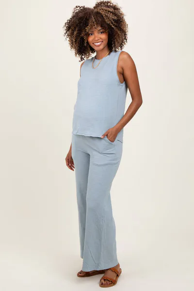 PinkBlush Light Blue Slub Knit Maternity Pants Set