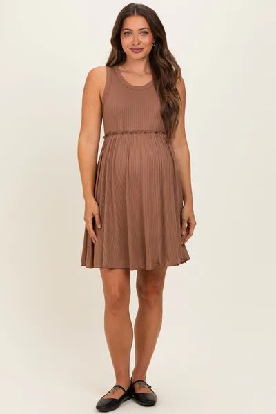 PinkBlush Mocha Ribbed Sleeveless Lettuce Trim Maternity Mini Dress