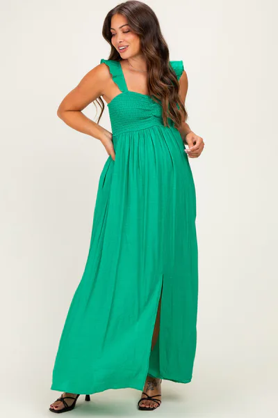 PinkBlush Green Cinched Smocked Bust Sleeveless Maternity Maxi Dress