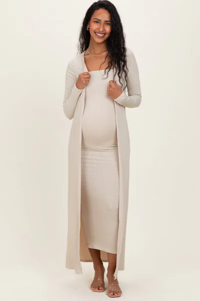 PinkBlush Taupe Ribbed Sleeveless Dress Cardigan Maternity Set