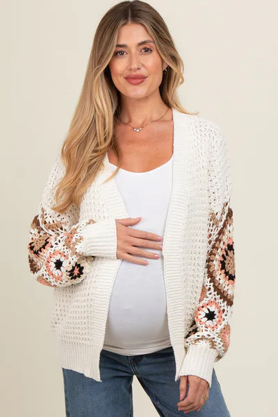PinkBlush White Sleeve Crochet Maternity Cardigan