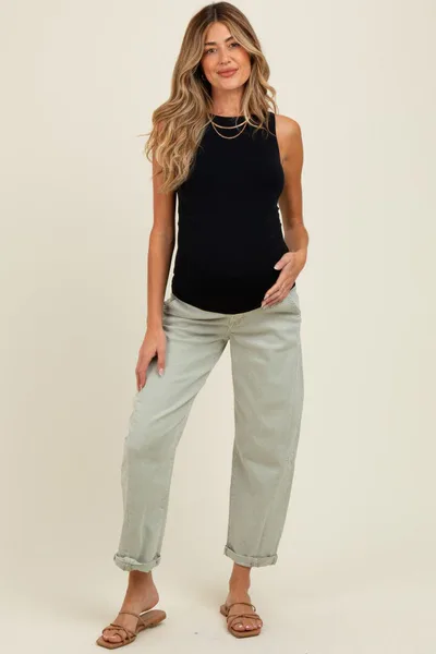 PinkBlush Light Olive Rolled Cuff Barrel Leg Maternity Jeans