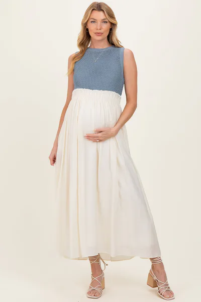 PinkBlush Dusty Blue Knit Bodice Contrast Skirt Maternity Maxi Dress